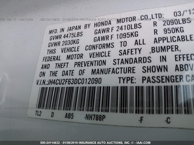 JH4CU2F63DC012090 - 2013 ACURA TSX TECH WHITE photo 9