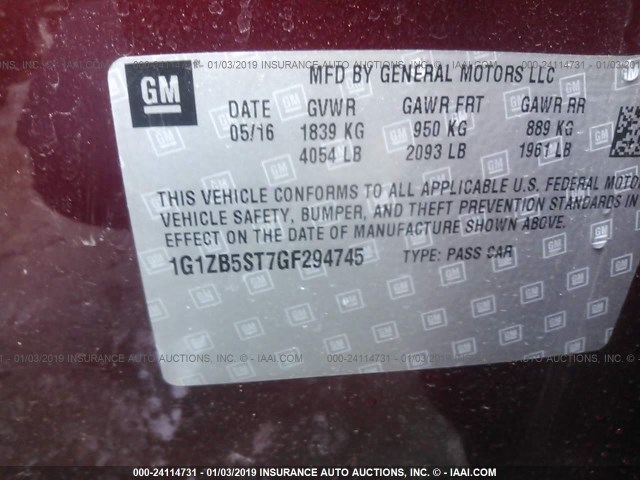 1G1ZB5ST7GF294745 - 2016 CHEVROLET MALIBU LS Tünd qırmızı foto 9