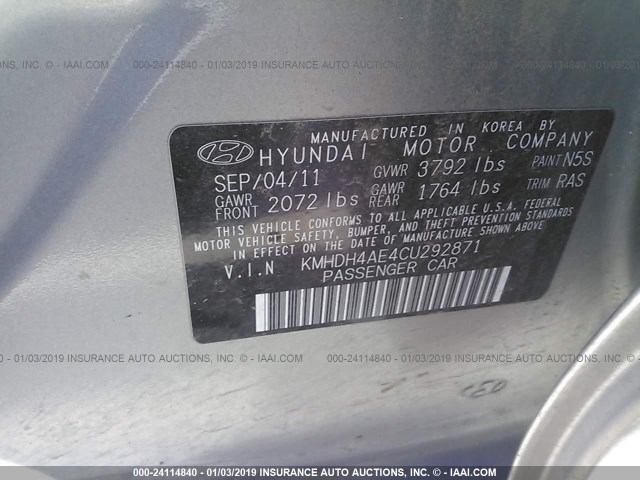 KMHDH4AE4CU292871 - 2012 HYUNDAI ELANTRA GLS/LIMITED GRAY photo 9