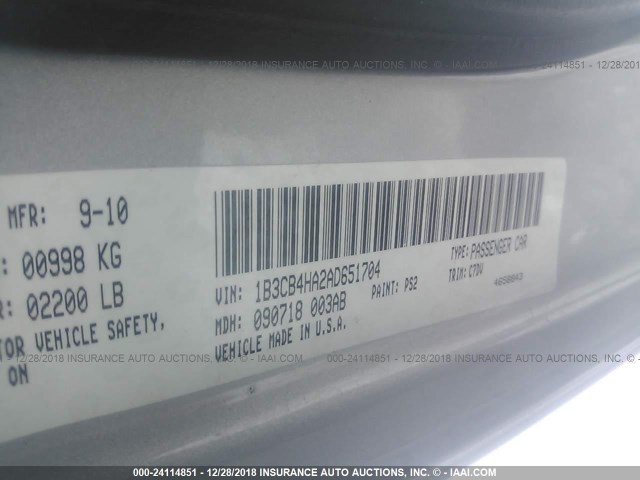 1B3CB4HA2AD651704 - 2010 DODGE CALIBER SXT SILVER photo 9