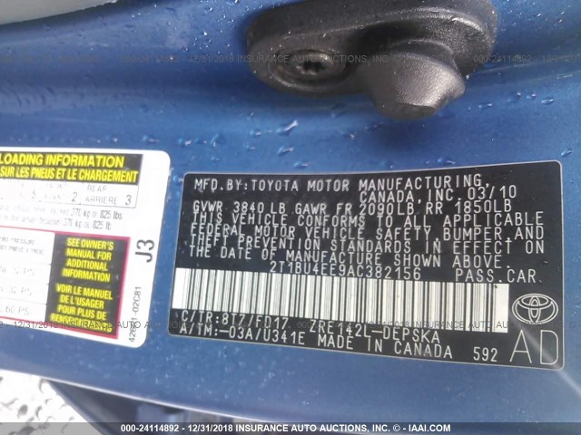 2T1BU4EE9AC382156 - 2010 TOYOTA COROLLA S/LE/XLE BLUE photo 9