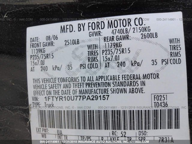 1FTYR10U77PA29157 - 2007 FORD RANGER BLACK photo 9