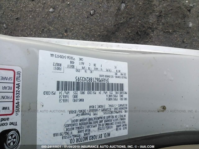 3FAHP06Z18R243595 - 2008 FORD FUSION S TAN photo 9