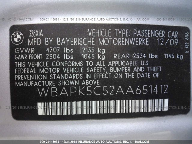 WBAPK5C52AA651412 - 2010 BMW 328 XI SULEV SILVER photo 9