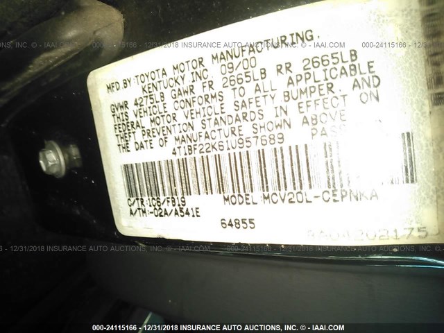 4T1BF22K61U957689 - 2001 TOYOTA CAMRY LE/XLE 灰色 照片 9