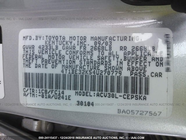 4T1BE32K54U270779 - 2004 TOYOTA CAMRY LE/XLE/SE SILVER photo 9
