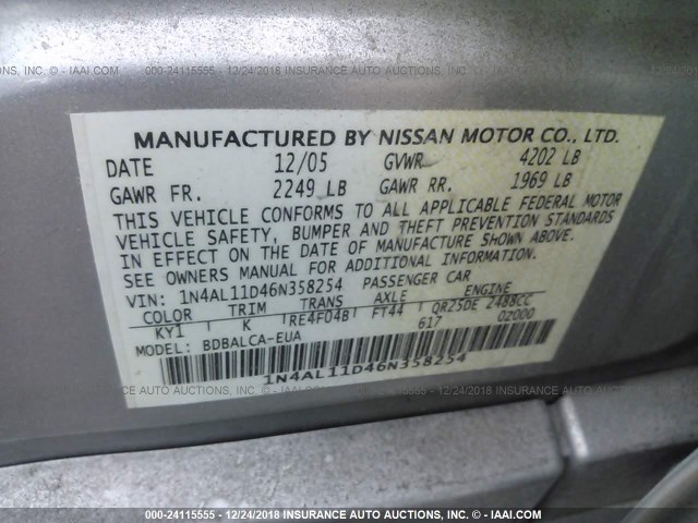 1N4AL11D46N358254 - 2006 NISSAN ALTIMA S/SL SILVER photo 9