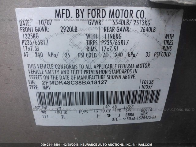 2FMDK48C38BA18127 - 2008 FORD EDGE SEL SILVER photo 9