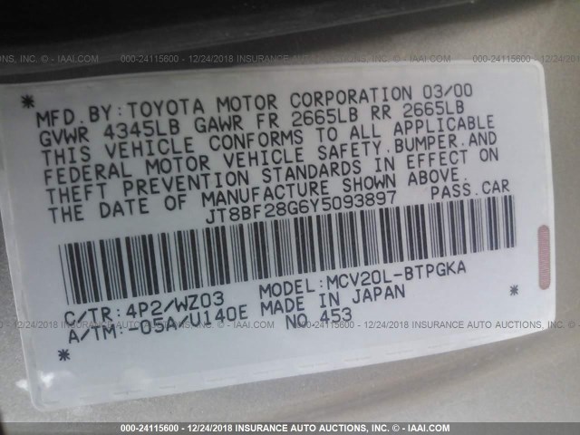 JT8BF28G6Y5093897 - 2000 LEXUS ES 300 GOLD photo 9