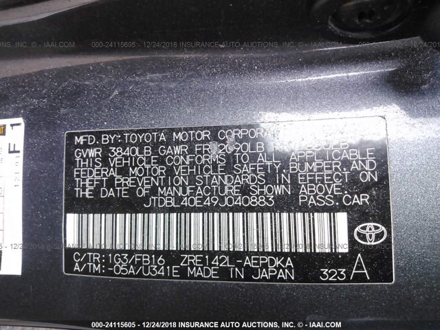 JTDBL40E49J040883 - 2009 TOYOTA COROLLA LE/XLE BLACK photo 9