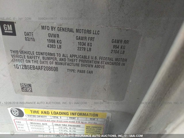 1G1ZB5EB4AF208608 - 2010 CHEVROLET MALIBU LS 银色 照片 9