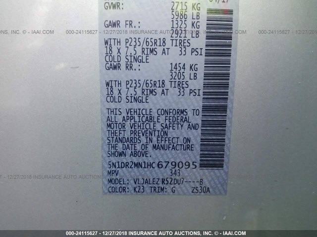 5N1DR2MN1HC679095 - 2017 NISSAN PATHFINDER S/SV/SL/PLATINUM SILVER photo 9