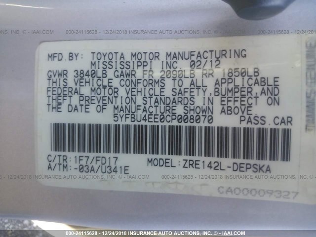 5YFBU4EE0CP008070 - 2012 TOYOTA COROLLA S/LE ვერცხლისფერი ფოტო 9