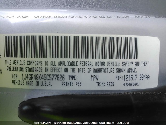 1J4GR48K45C577826 - 2005 JEEP GRAND CHEROKEE LAREDO/COLUMBIA/FREEDOM 银色 照片 9
