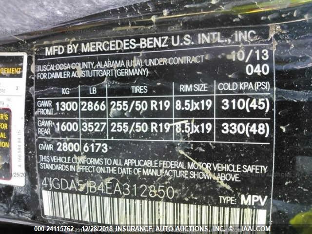 4JGDA5JB4EA312850 - 2014 MERCEDES-BENZ ML 350 BLACK photo 9