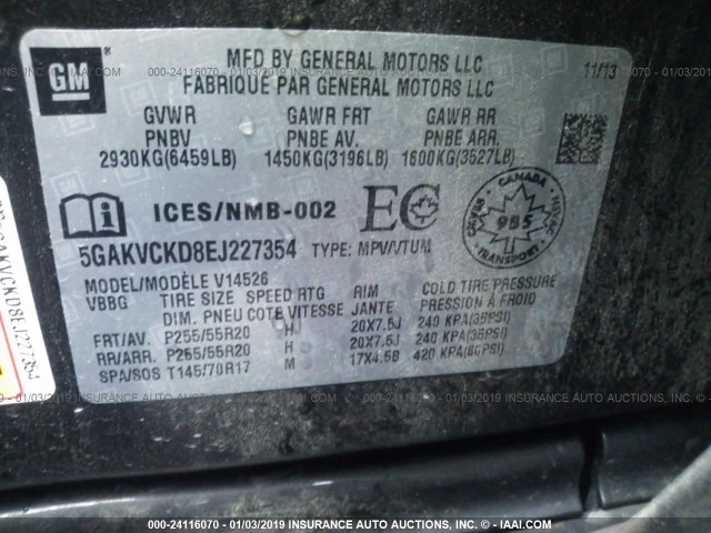 5GAKVCKD8EJ227354 - 2014 BUICK ENCLAVE GRAY photo 9