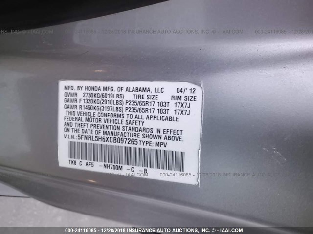 5FNRL5H6XCB097265 - 2012 HONDA ODYSSEY EXL SILVER photo 9