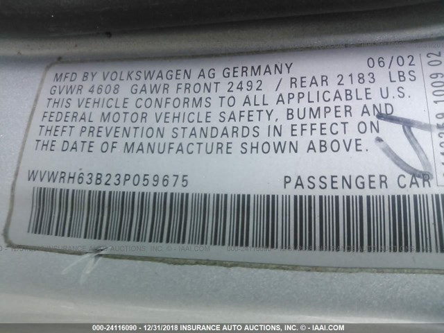 WVWRH63B23P059675 - 2003 VOLKSWAGEN PASSAT GLX 银色 照片 9