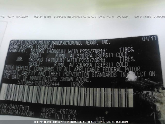 5TFUM5F15BX022444 - 2011 TOYOTA TUNDRA DOUBLE CAB SR5 WHITE photo 9