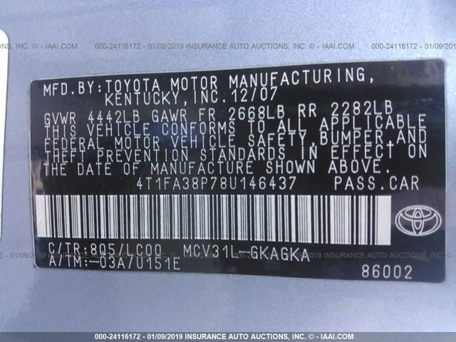 4T1FA38P78U146437 - 2008 TOYOTA CAMRY SOLARA SE/SLE/SPORT BLUE photo 9