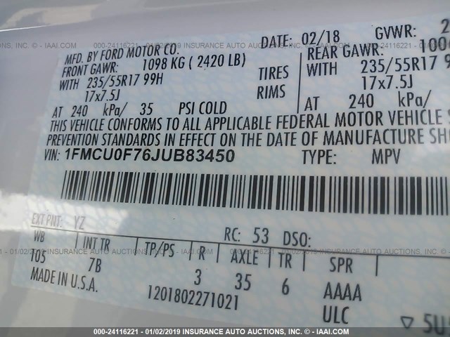 1FMCU0F76JUB83450 - 2018 FORD ESCAPE S WHITE photo 9