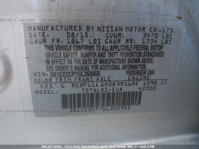 3N1CE2CP7GL350955 - 2016 NISSAN VERSA NOTE S/S PLUS/SV/SL/SR SILVER photo 9