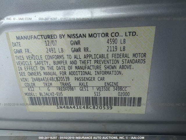 1N4BA41E48C820539 - 2008 NISSAN MAXIMA SE/SL SILVER photo 9