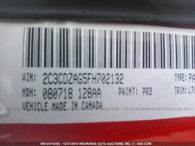 2C3CDZAG5FH702132 - 2015 DODGE CHALLENGER SXT RED photo 9