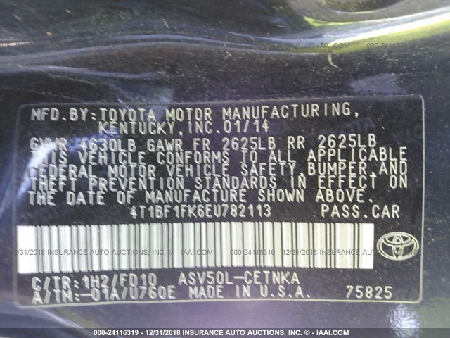 4T1BF1FK6EU782113 - 2014 TOYOTA CAMRY L/SE/LE/XLE BLACK photo 9