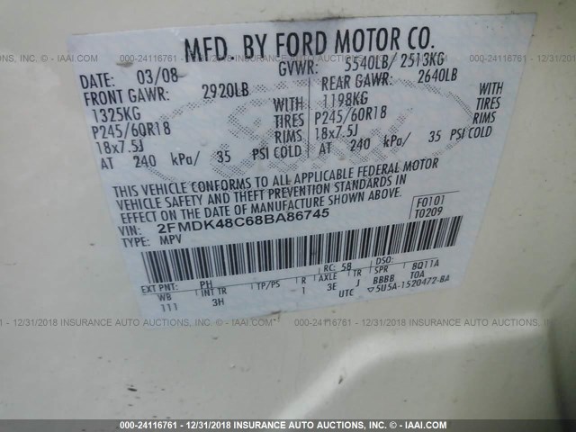 2FMDK48C68BA86745 - 2008 FORD EDGE SEL CREAM photo 9