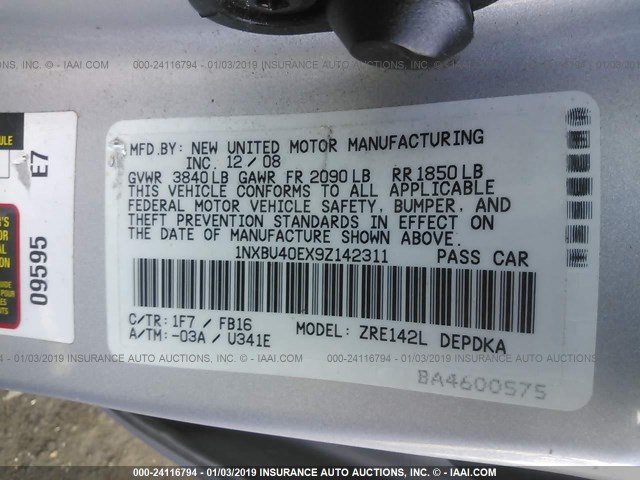 1NXBU40EX9Z142311 - 2009 TOYOTA COROLLA S/LE/XLE SILVER photo 9