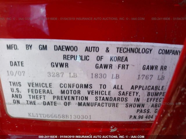 KL1TD66658B130301 - 2008 CHEVROLET AVEO LS RED photo 9