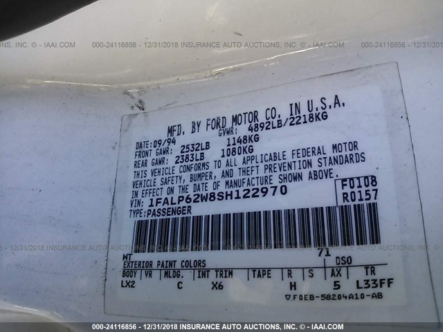 1FALP62W8SH122970 - 1995 FORD THUNDERBIRD LX WHITE photo 9