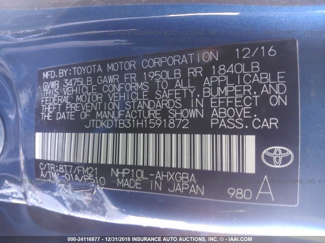 JTDKDTB31H1591872 - 2017 TOYOTA PRIUS C BLUE photo 9