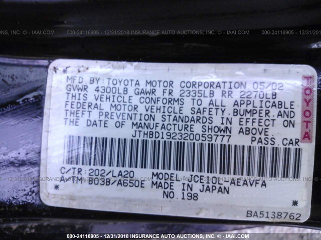 JTHBD192320059777 - 2002 LEXUS IS 300 BLACK photo 9