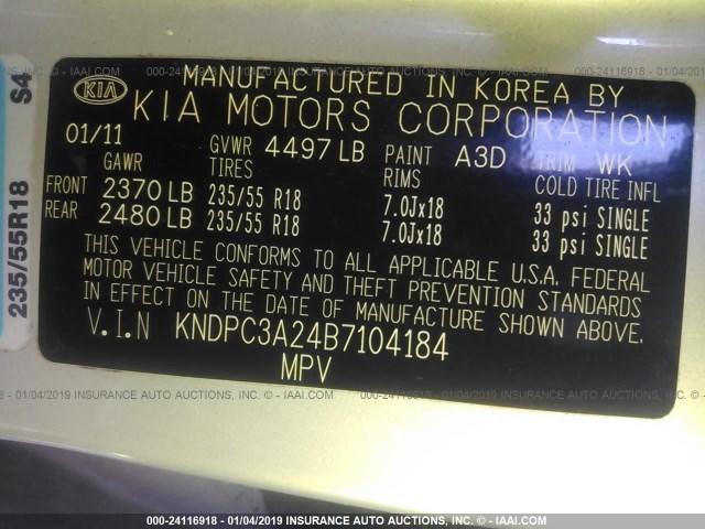 KNDPC3A24B7104184 - 2011 KIA SPORTAGE EX/SX SILVER photo 9