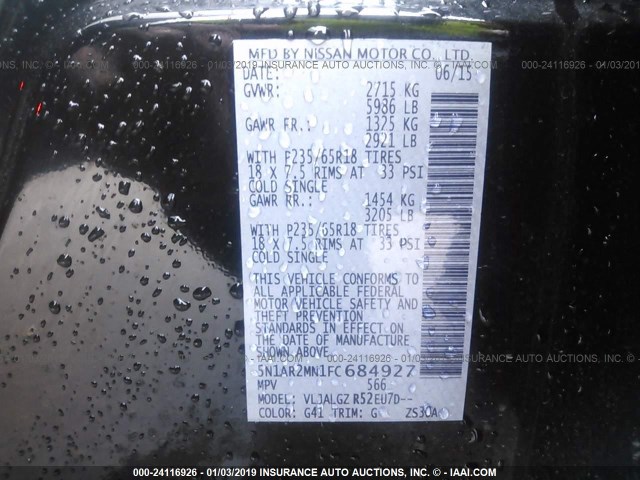 5N1AR2MN1FC684927 - 2015 NISSAN PATHFINDER S/SV/SL/PLATINUM BLACK photo 9