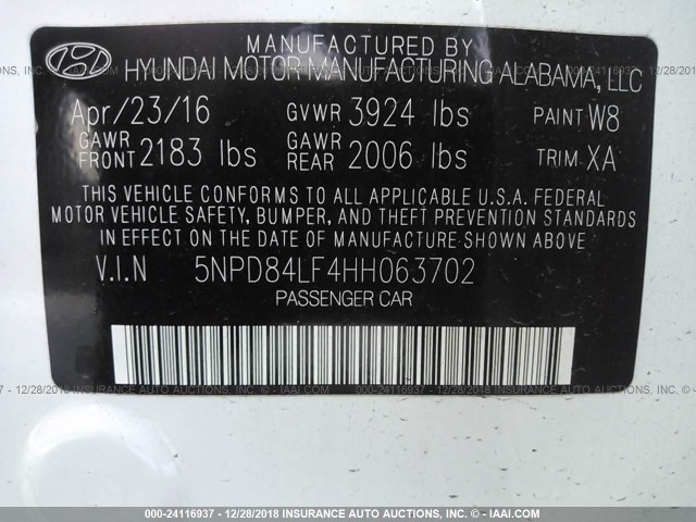 5NPD84LF4HH063702 - 2017 HYUNDAI ELANTRA SE/VALUE/LIMITED WHITE photo 9