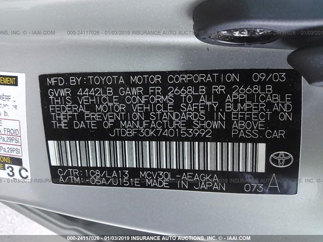 JTDBF30K740153992 - 2004 TOYOTA CAMRY LE/XLE SILVER photo 9