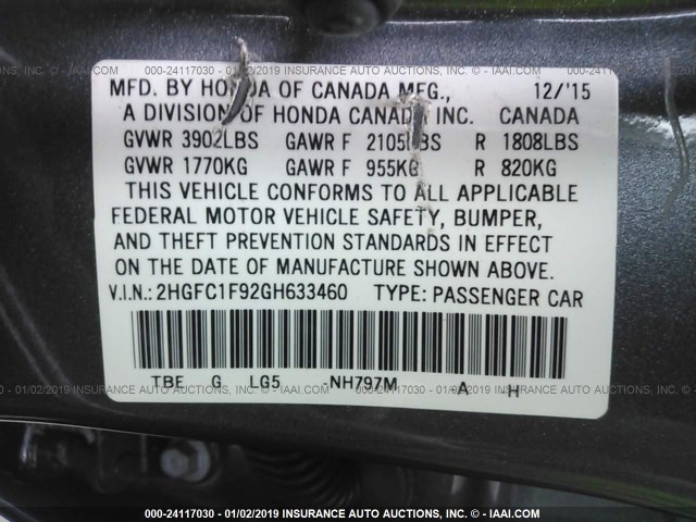 2HGFC1F92GH633460 - 2016 HONDA CIVIC TOURING GRAY photo 9