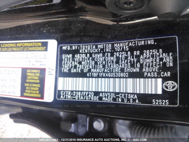 4T1BF1FK4GU530802 - 2016 TOYOTA CAMRY LE/XLE/SE/XSE BLACK photo 9