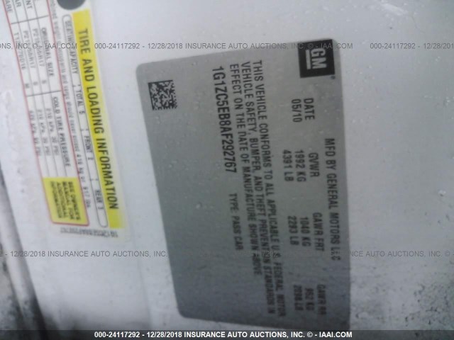 1G1ZC5EB8AF292767 - 2010 CHEVROLET MALIBU 1LT თეთრი ფოტო 9