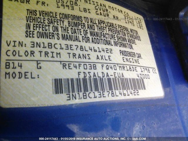 3N1BC13E78L461422 - 2008 NISSAN VERSA S/SL BLUE photo 9