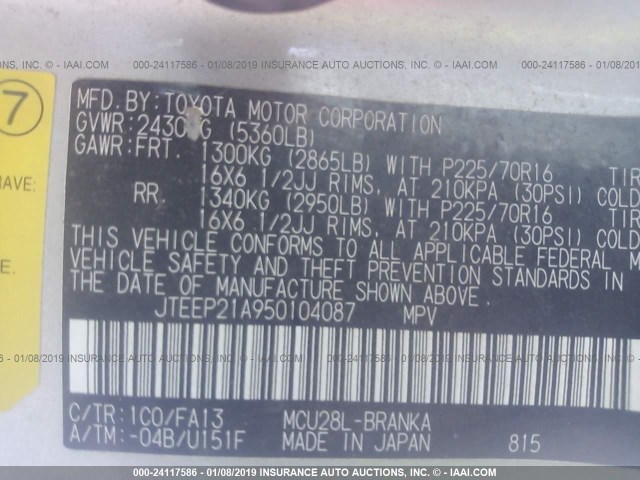 JTEEP21A950104087 - 2005 TOYOTA HIGHLANDER LIMITED SILVER photo 9