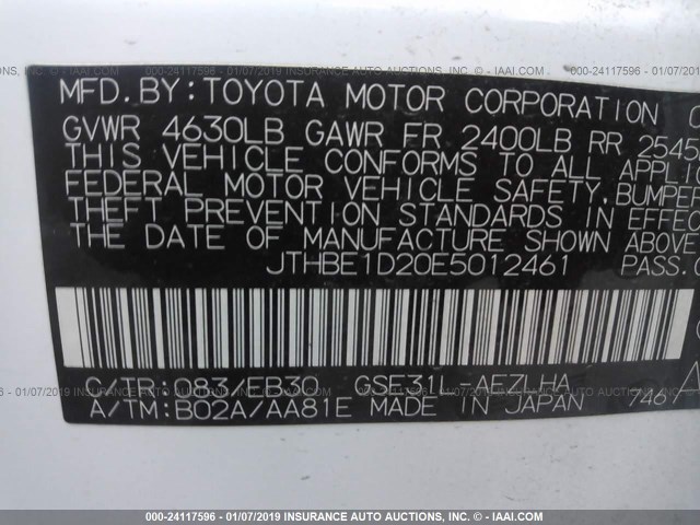 JTHBE1D20E5012461 - 2014 LEXUS IS 350 WHITE photo 9