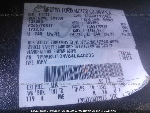 1FMRU13W64LA40035 - 2004 FORD EXPEDITION XLS BLACK photo 9