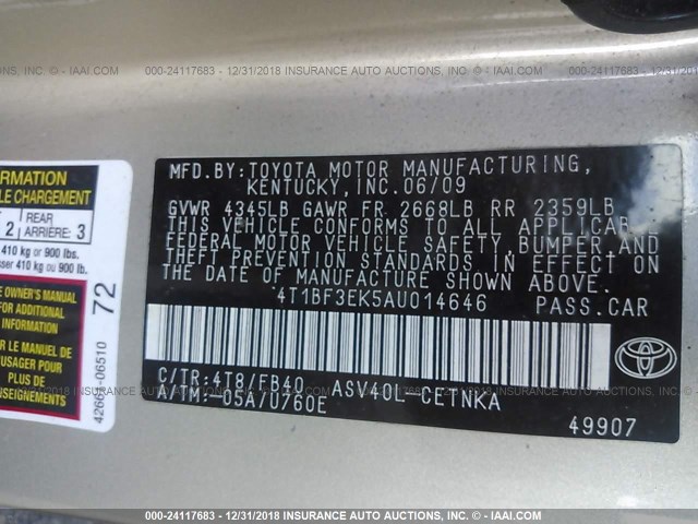 4T1BF3EK5AU014646 - 2010 TOYOTA CAMRY SE/LE/XLE 金色 照片 9