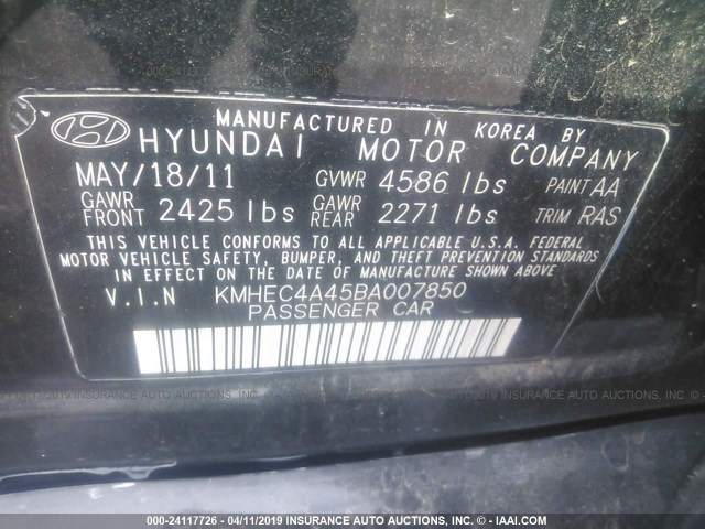 KMHEC4A45BA007850 - 2011 HYUNDAI SONATA HYBRID BLACK photo 9