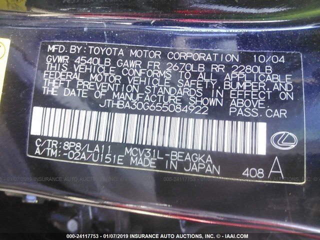 JTHBA30G655084922 - 2005 LEXUS ES 330 Dark Blue photo 9