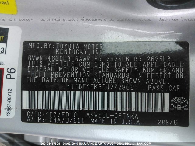 4T1BF1FK5DU272866 - 2013 TOYOTA CAMRY L/SE/LE/XLE 银色 照片 9